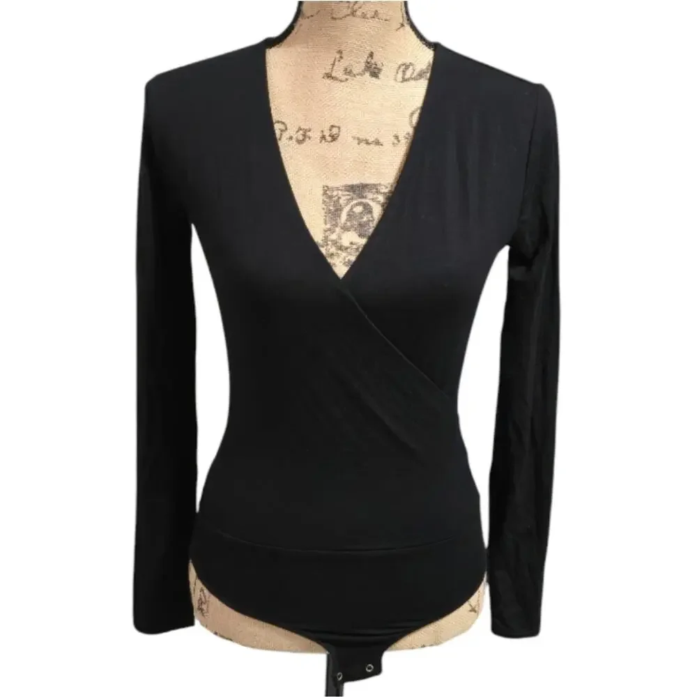 J. Crew Chic Black Long Sleeve Stretch Surplice V-Neck Bodysuit Size XS NEW